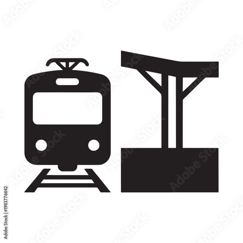 Simplified black icon depicting a subway train approaching a station platform
