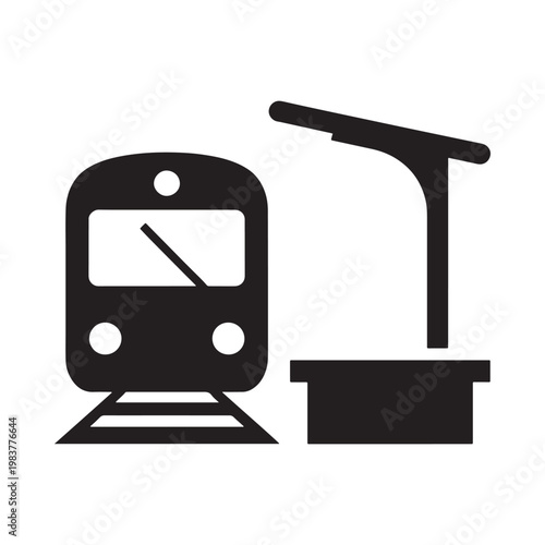 Simple black and white illustration of a train arriving at a station