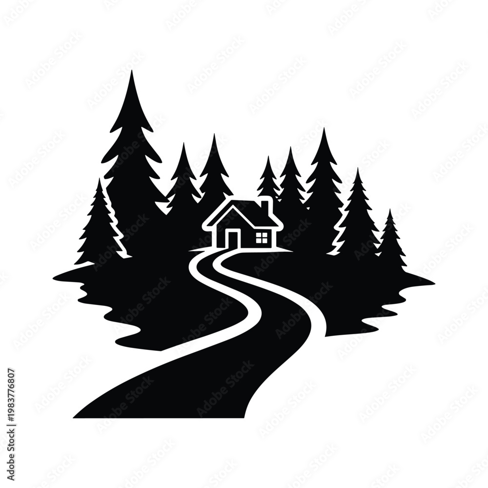 Obraz premium Cozy cabin house with winding road and pine trees in forest landscape silhouette