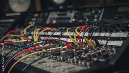 Medium shot of a patch bay with colored cables plugged in main focus on connectors and labeling while a dim studio setup fades smoothly out of focus behind.