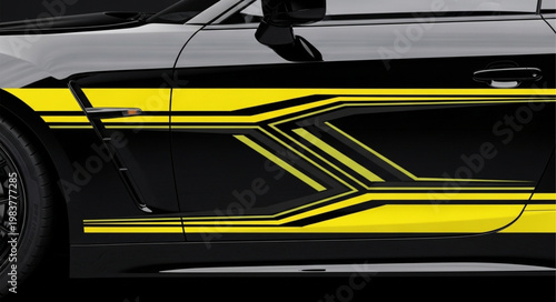 Close up black sports car yellow stripe decal.