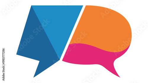 Communication Conversation Concept: Two stylized speech bubbles, in vibrant blue and orange hues, come together, symbolizing connection and the exchange of thoughts and ideas.