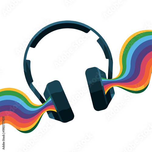 Headphones with colorful music waves emanating.