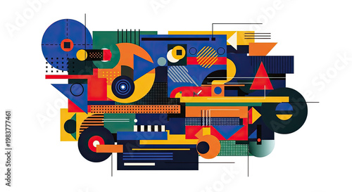 Geometric abstract composition featuring vibrant shapes including circles triangles and rectangles in a dynamic colorful design