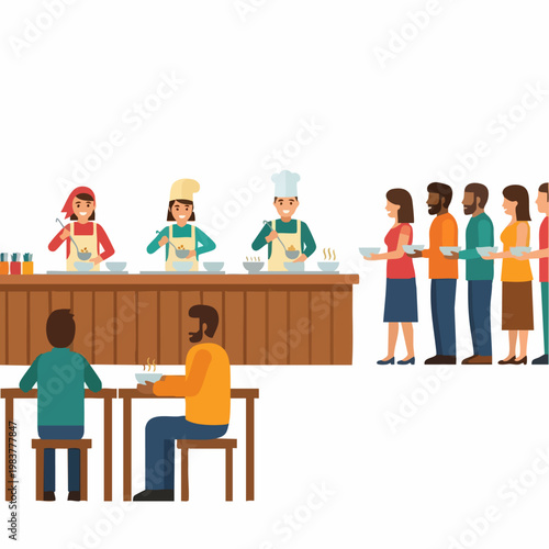 Community food service line with people receiving and eating meals.