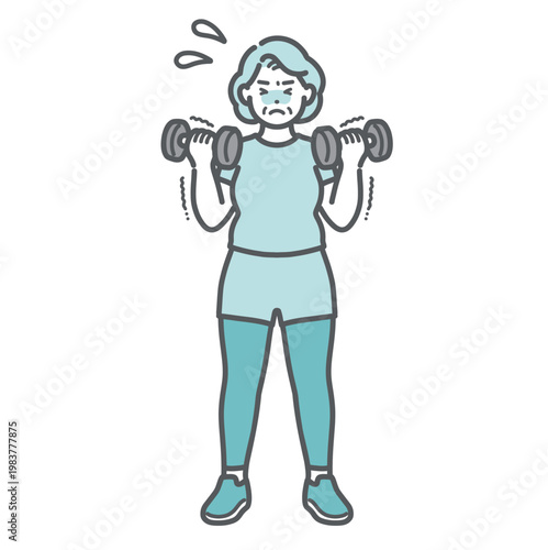 汗をかき辛そうに重いダンベルを持ち上げているぽっちゃり体型のシニア女性のイラスト