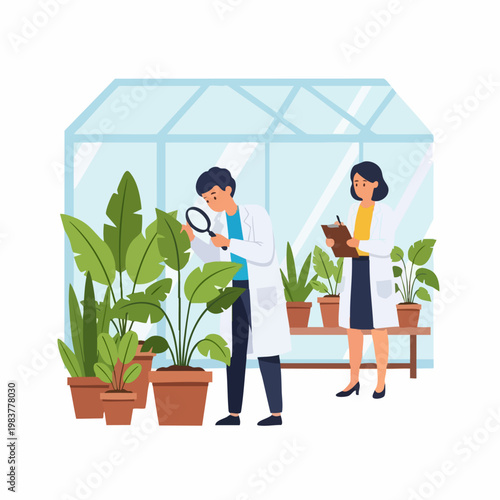 Scientists examining plants in a greenhouse setting.