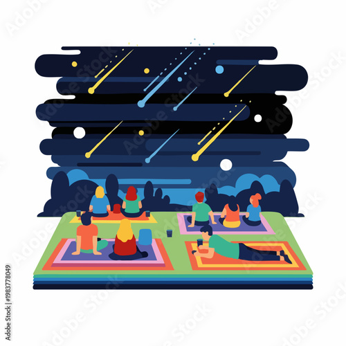 People practicing yoga outdoors under a starry night sky.