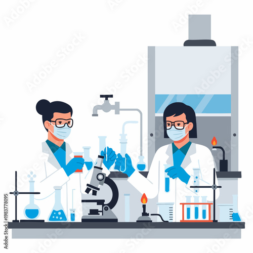 Two female scientists working in a lab.