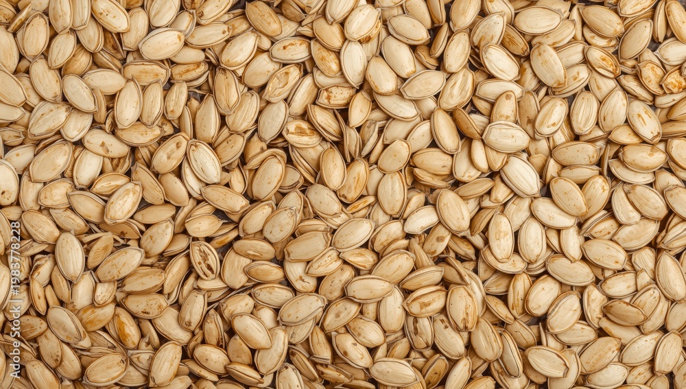Fototapeta premium Numerous pumpkin seeds in the background, seen from above.