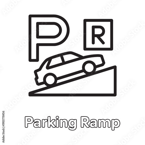 Simple black and white illustration of a car on a parking ramp