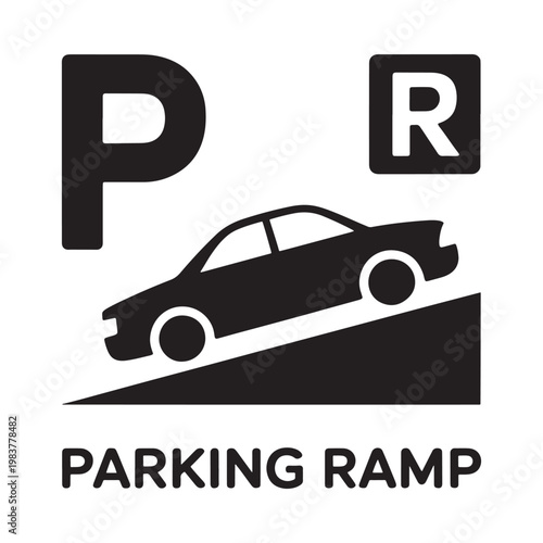Parking ramp sign featuring a car and letters p and r