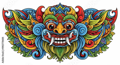 Colorful Balinese Barong Mask Detailed Illustration.