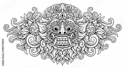 Intricate Balinese Mythical Creature Mask Line Art Illustration.