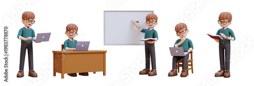 Friendly cartoon teacher character series using laptop. reading book. and writing on whiteboard