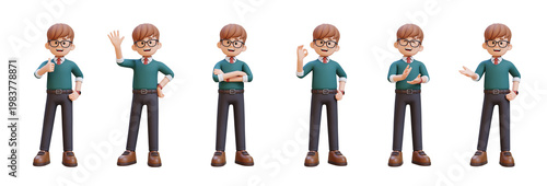 3D Cartoon Man Character Poses Collection Thumbs Up. Waving. Crossed Arms. OK Gesture. Clapping.