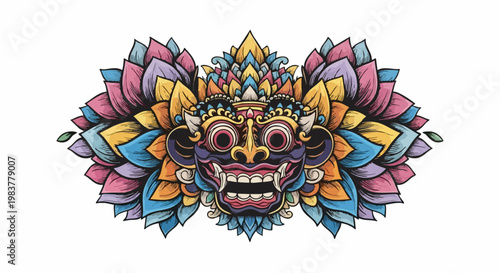 Colorful Balinese Barong Mask with Floral Adornments and Intricate Details.