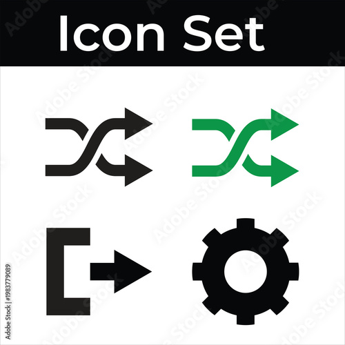Four Black and Green Icons for Shuffle, Exit, and Settings on White Background icon set random