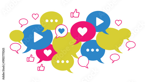 Εκτύπωση καμβά Social Media Symphony: A colorful arrangement of speech bubbles, hearts, and play buttons orchestrate a vibrant symphony of communication and online engagement