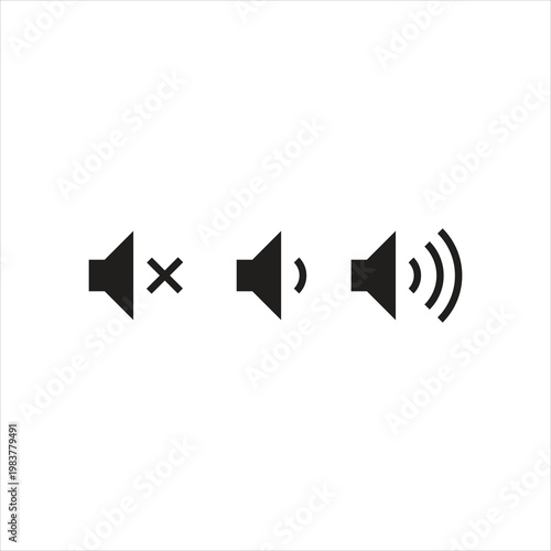 Three Sound Icons: Mute, Low Volume, and High Volume on White Background audio speaker