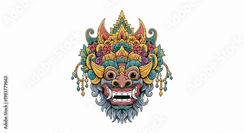 Intricate Balinese Barong Mask with Fierce Expression and Colorful Details.