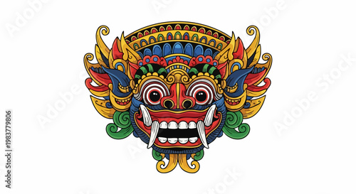 Colorful Balinese Barong Mask Illustration.