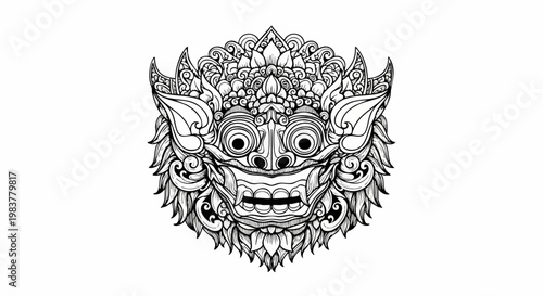 Intricate Balinese Barong Mask Detailed Line Art.