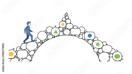 The Path to Enlightenment: A lone individual traverses a symbolic bridge of interconnected thoughts and concepts, the path to a higher state of mind.