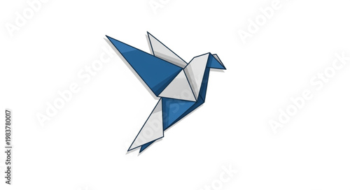Blue and White Paper Origami Bird Sculpture.
