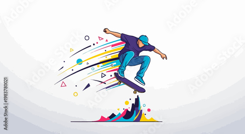 Skater performing a jump on a skateboard, vibrant colors, dynamic action.
