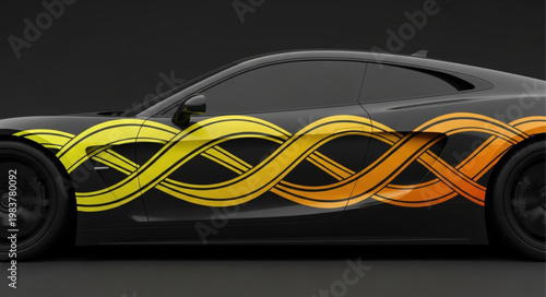 Black sports coupe with intertwined flame decal.