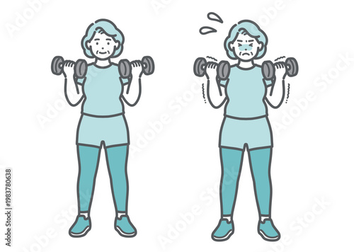 ダンベルトレーニングをするぽっちゃりシニア女性の比較セットイラスト