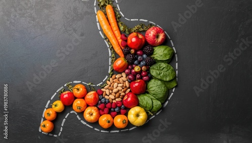 An arrangement of fresh produce and nuts resembling a stomach. A chalk illustration of a human stomach. Ideal foods for digestive health.