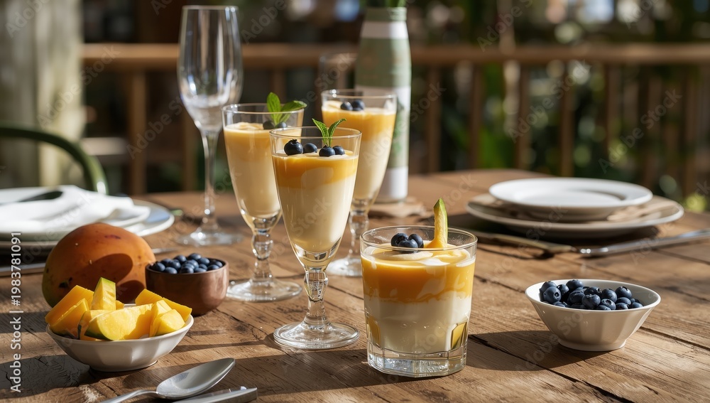 Obraz premium Mango coconut cream panna cotta dessert with agar agar and blueberries in glasses. Free from sugar, lactose, and sugar substitutes.