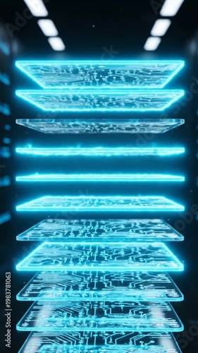 Futuristic data server room with glowing digital panels and high-tech infrastructure in motion