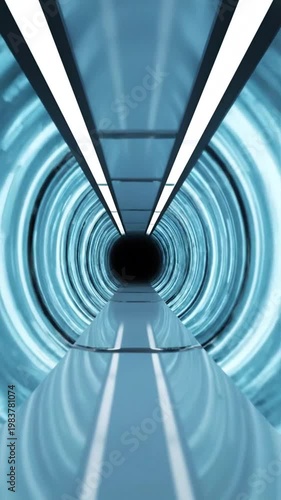 Futuristic tunnel with dynamic glowing light patterns and symmetrical reflective surfaces creating an immersive virtual