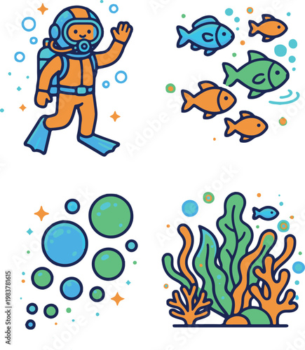 Underwater Exploration Elements - Diver Waving, School of Fish, Air Bubbles, and Marine Plants
