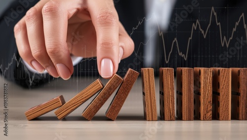 Businesswoman's finger halts a wooden block in a domino setup related to investment insurance alternatives and risk management.