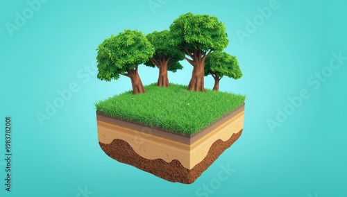 3D illustration of a vacation scene featuring a cross-section of earth, grassy terrain, and island trees; eco-friendly design concept.