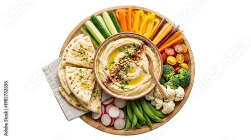 Colorful hummus platter with fresh vegetables and warm pita slices on a clean white background
