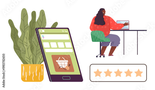 Online shopping, customer reviews, mobile commerce, digital interface, e-commerce trends, client satisfaction. Woman at desk with laptop, mobile screen with cart icon five-star rating. Online