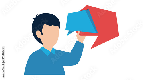 Communicating Ideas: An illustration of a person holding two speech bubbles, one blue and one red. This image portrays the exchange of thoughts and opinions. 