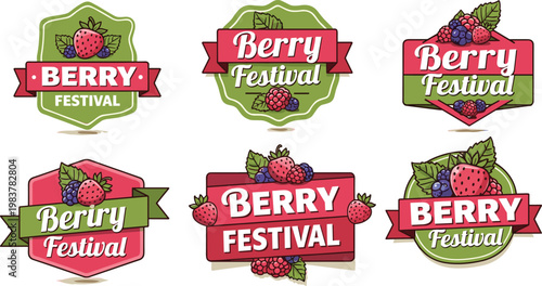A vibrant collection of berry festival labels showcases various arrangements of ripe berries and decorative ribbons high quality professional detailed modern elegant stylish