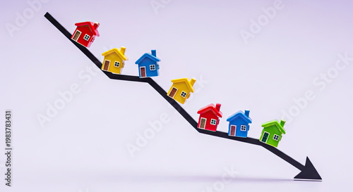 Colorful miniature houses slide down a black arrow symbolizing declining real estate market trends and economic downturn