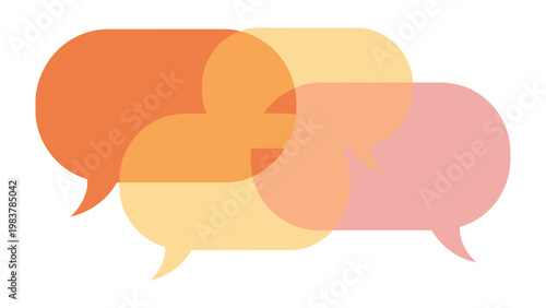 Communication Bubbles: Illustrative speech bubbles in varying warm hues, overlapping to symbolize dialogue, discussion, and interconnected ideas.