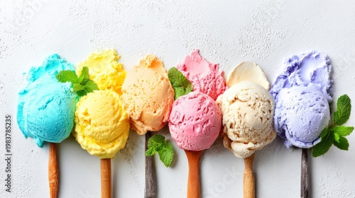 scoop. Colorful assortment of ice cream scoops with mint leaves, viewed from above. menu design, packaging mockups, designed for food delivery and cloud-kitchen brand materials.
