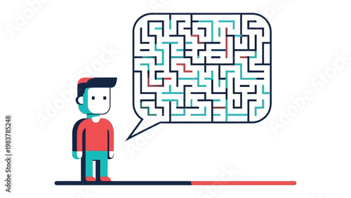 Navigating the Labyrinth: An illustration of a person contemplating a complex thought process, symbolized by a maze within a speech bubble, and visualizing the challenge of finding solution.