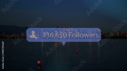 Vertical video: Follower bubble fading in after pause, increasing count to show growth over skyline