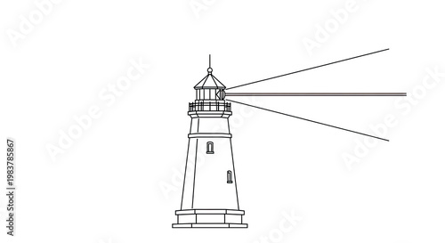 Outlined illustration of a coastal lighthouse emitting light beams for nautical guidance on a clear white background; vector style