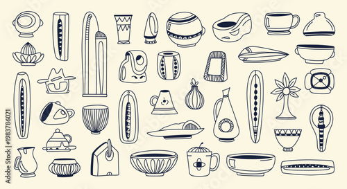 Collection of Hand Drawn Kitchenware and Utensils.